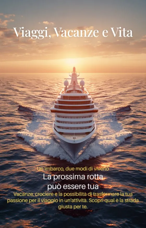 Copertina della guida Viaggi, Vacanze e Vita: una nave da crociera al tramonto